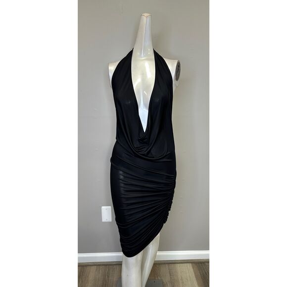 NWT Michael Costelllo X Revolve Ruched Open Back Halter Izzy Mini Dress Black XS - Picture 8 of 10